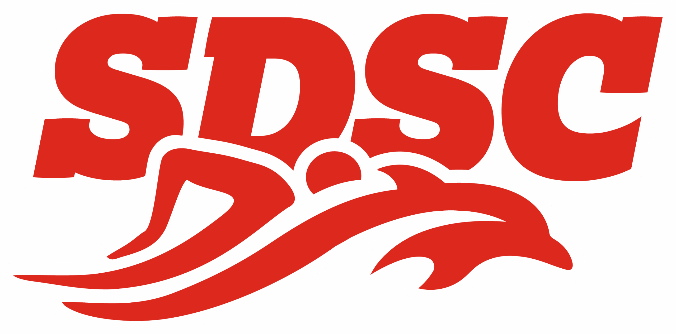 Logo for the Summerside Dolphins Swim Club. A red colored logo of the Acronym 'SDSC' with a person and a dolphin swimming together along the bottom of the letters