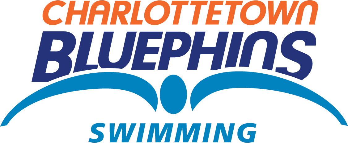 The logo for the Charlottetown Bluephins Aquatic Club. It consists of word 'Charlottetown' in orange, the word 'Bluephins' below that.  Below the words there is an image of a swimmer doing the butterfly head-on view so the arms are outstretched along the bottom of the words.  Finally, at the bottom, the word 'swimming'