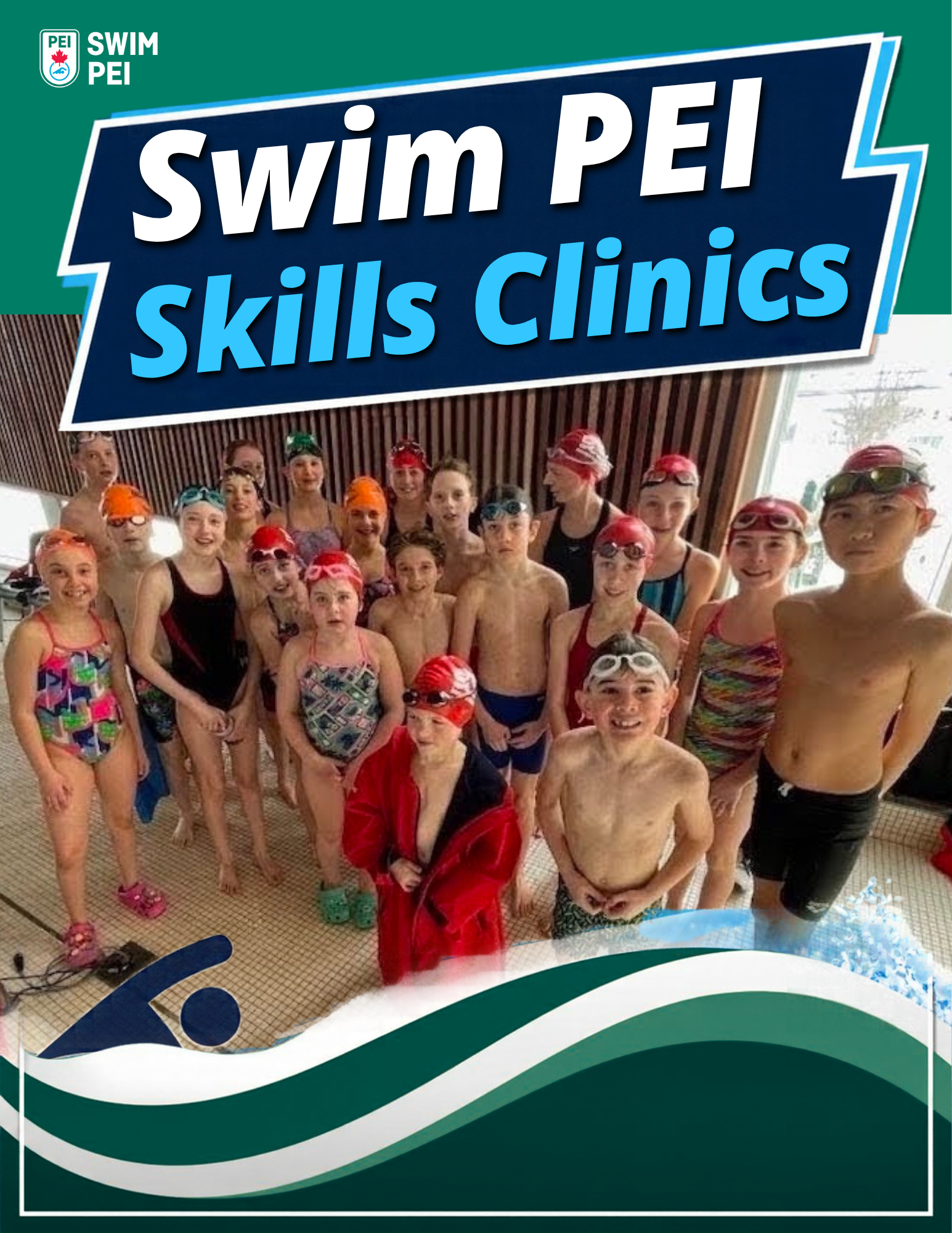 A group of young swimmers smiling for the camera after they attended the Swim PEI Skills Clinic